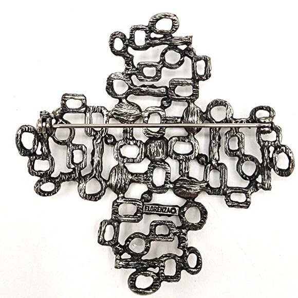 FLORENZA SIGNED COSTUME SILVER TONE MCM ENAMEL ABSTRACT ART BROOCH Vintage 1960s - Picture 3 of 6